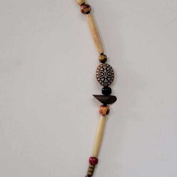 Tribal Boho Beaded Necklace With Carved Wood Bone Style Beads And Earthy Accents - Picture 7 of 10